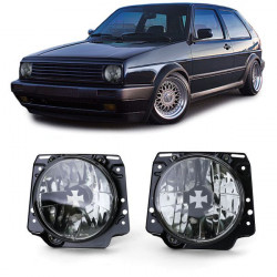 Čiré sklo světlometů Black Smoke s Iron Cross pro VW Golf 2 83-91
