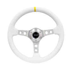 3 ramenný sportovní volant NRG, 350mm, kůže, 75mm odsazení, bílá/stříbrná/žlutá