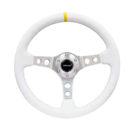 Volanty 3 ramenný sportovní volant NRG, 350mm, kůže, 75mm odsazení, bílá/stříbrná/žlutá | race-shop.cz