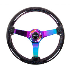 3 ramenný sportovní volant NRG, 350mm, dřevo, galaxy efekt, 75mm odsazení, černá/neon/hnědá