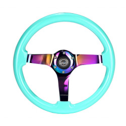 3 ramenný sportovní volant NRG Minty fresh/NEO, 350mm, dřevo, 75mm odsazení, hnědá/neon