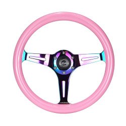 3 ramenný sportovní volant NRG Classic, 350mm, dřevo, 38mm odsazení, růžová/neon