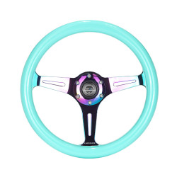 3 ramenný sportovní volant NRG Classic NEO/Minty, 350mm, dřevo, 38mm odsazení, neon