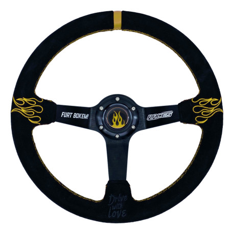 Volanty 3 ramenný závodní volant RACESxFurtBokem Ride s Love, 350mm, semiš, 90mm odsazení | race-shop.cz
