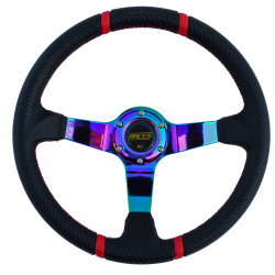 3 ramenný sportovní volant RACES Drift Neo Carbon, 350mm, karbon, 90mm odsazení, karbon/neon/červená