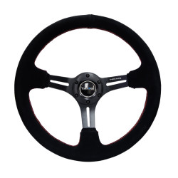 3 ramenný sportovní volant NRG, 350mm, semiš, ramena se zářezy, 75mm odsazení, černá