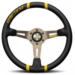 3 ramenný sportovní volant MOMO DRIFTING, 350mm, kůže, 90mm odsazení, černá/šedá/žlutá NEKOMPLETNÍ