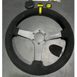 3 spoke steering wheel RACES Corto, 340mm, suede, 40mm offset, black/yellow