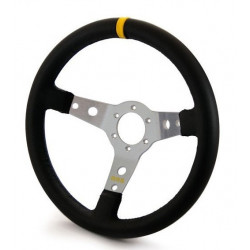 3 ramenný sportovní volant RRS SIMILI, 350mm, ekokůže, 65mm odsazení, černá/stříbrná/žlutá