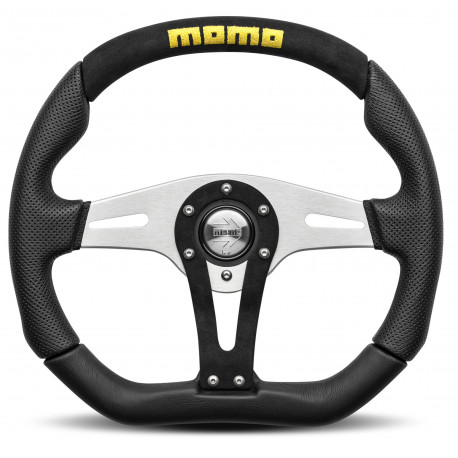 Volanty 3 ramenný sportovní volant MOMO TREK, 350mm, semiš, 40mm odsazení, černá/stříbrná/žlutá | race-shop.cz