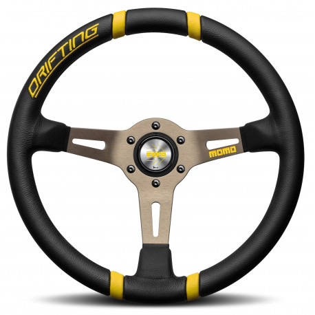 Volanty 3 ramenný sportovní volant MOMO DRIFTING, 350mm, kůže, 90mm odsazení, černá/šedá/žlutá | race-shop.cz